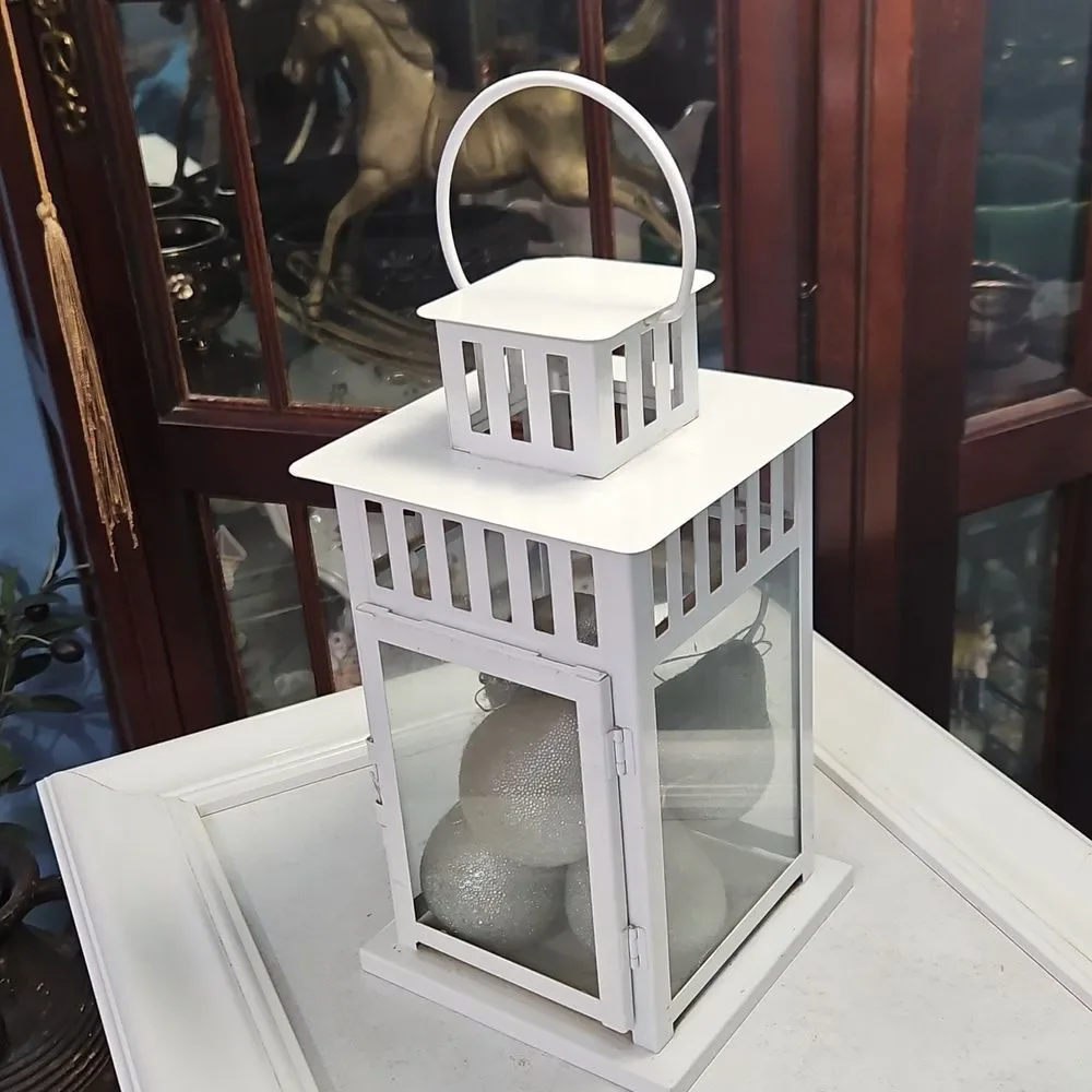 White Lantern Candle Holder With Silver Beaded Pear